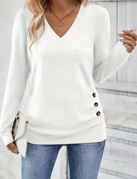 Button Front V Neck Long Sleeve Blouse, Women's Clothing - image 2