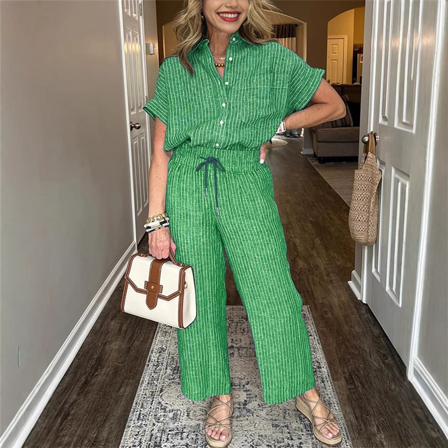 Women's Striped Short Sleeve Lapel Shirt and Straight Pants Set - image 4