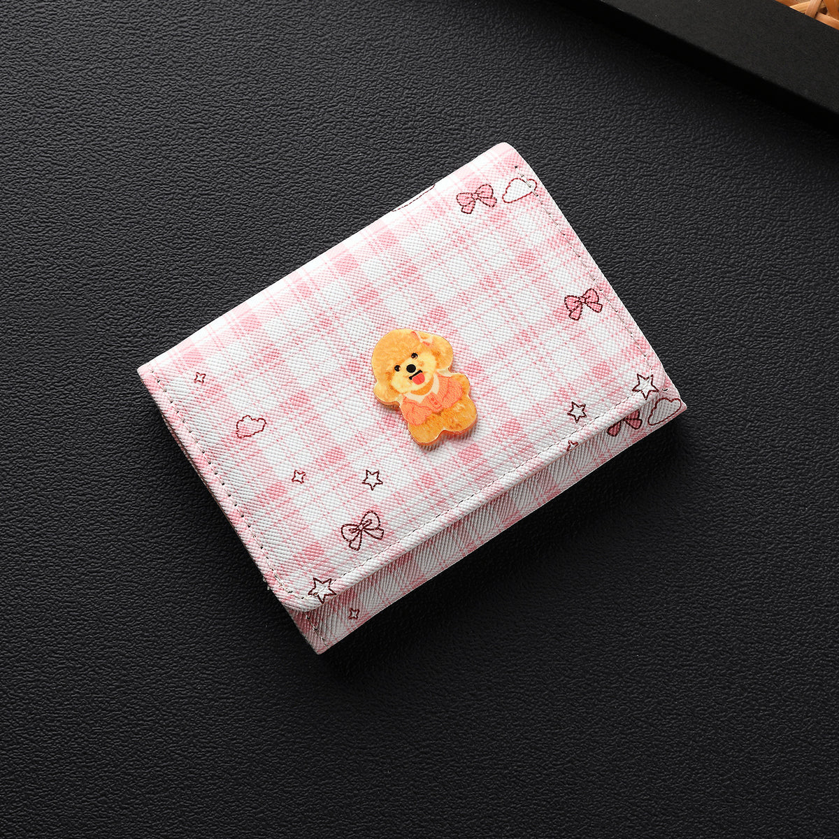 Plaid Short Wallet with Dog Design