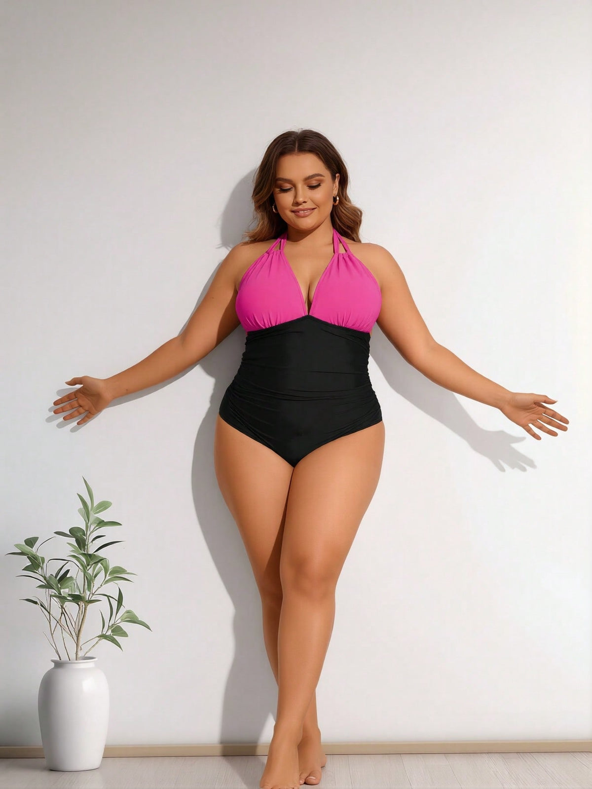 Women's Plus Size Hot Pink and Black Halter One-Piece Swimsuit - image 2