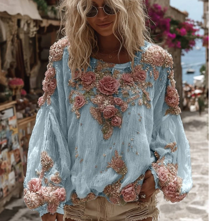 Blusa holgada de manga larga con flores en relieve - image 7