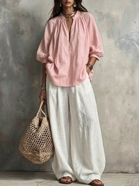 Cotton Linen Puff Sleeve Shirt and Wide Leg Pants Set - image 9