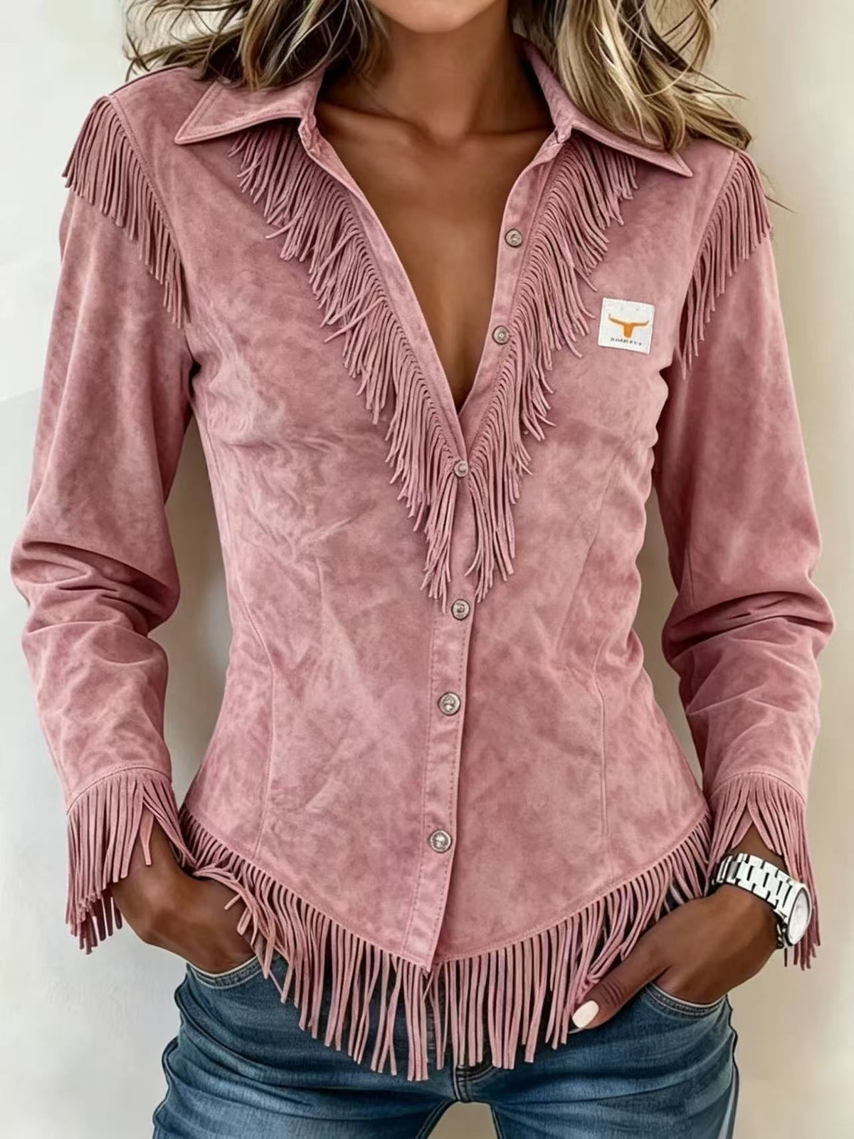 Western Cowboy-Style Suede Fringe Slim-Fit Long-Sleeve Shirt - image 6