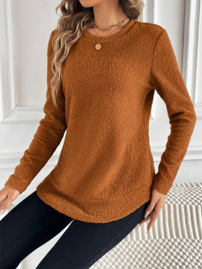 Casual Warm Solid Color Round Neck Teddy Sports Shirt - image 2