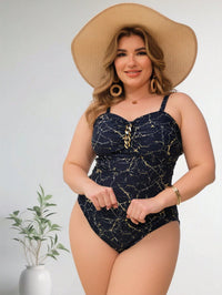 Women's Plus Size Navy Marble Print One-Piece Swimsuit with Gold Chain - image 4