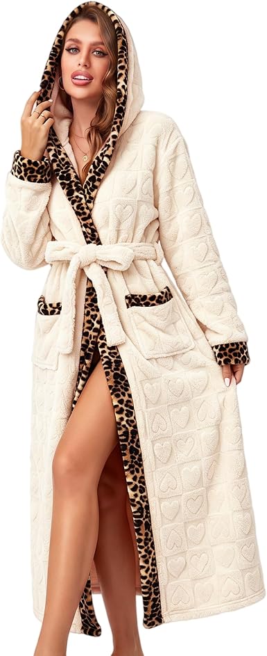 Women's Coral Fleece Long Robe Bathrobe, Jacquard Hearts - image 4