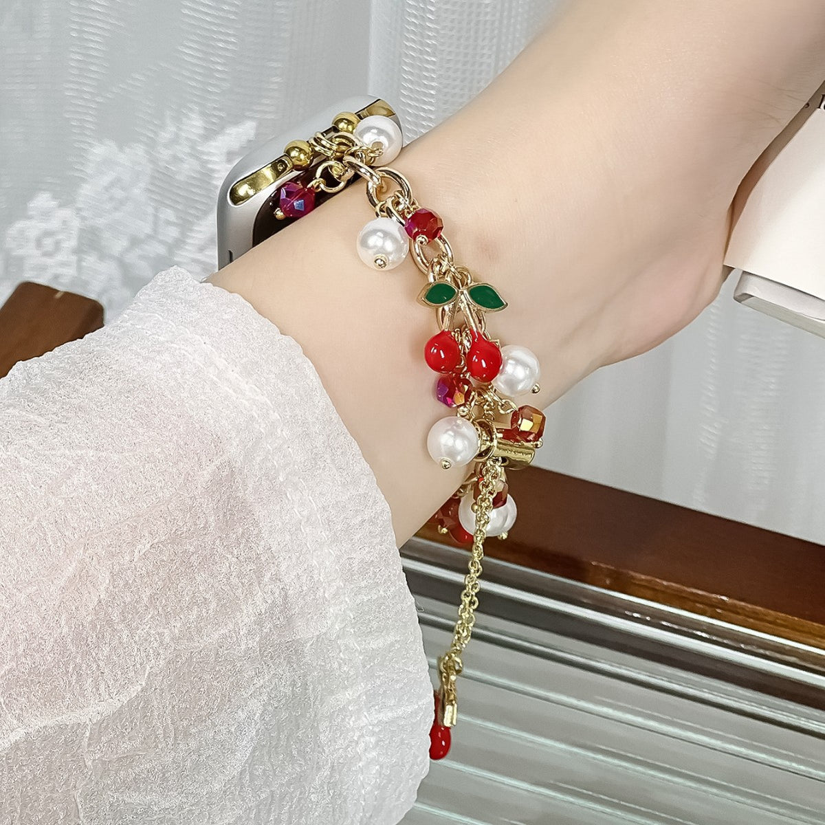 Pearl Cherry Metal Chain Watch Band - image 4
