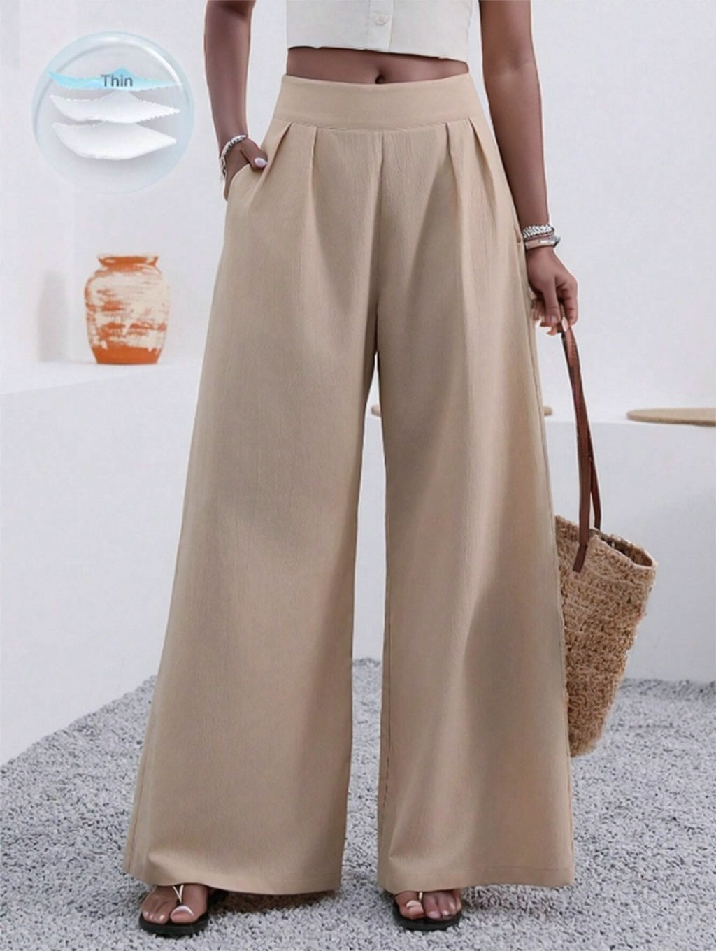 Solid Color Loose Wide Leg Elegant Pants With Pocket - image 6