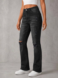 High-Waist Washed Gray Ripped Flare Jeans - image 5