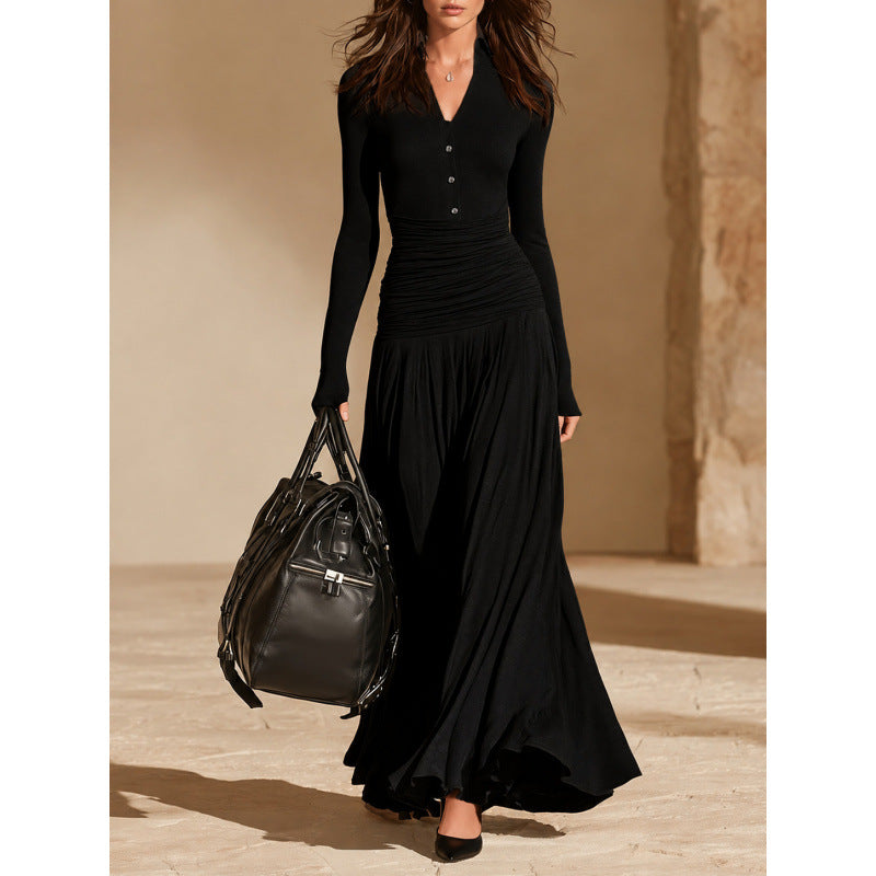 V-Neck Double-Breasted Long Sleeve Dress - image 8