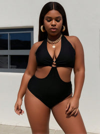 Traje de baño entero negro halter con aro y abertura, talla grande - image 2