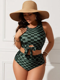 Women's Plus Size Green Checkerboard Tie Front Tankini - image 2