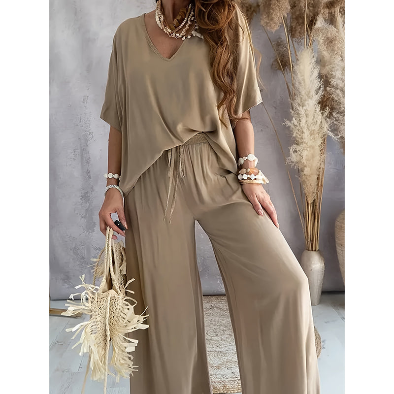 Women's 2 Piece Outfit, Casual Solid Color V-Neck Half Sleeve Top And Wide Leg Pants Lounge Set - image 6