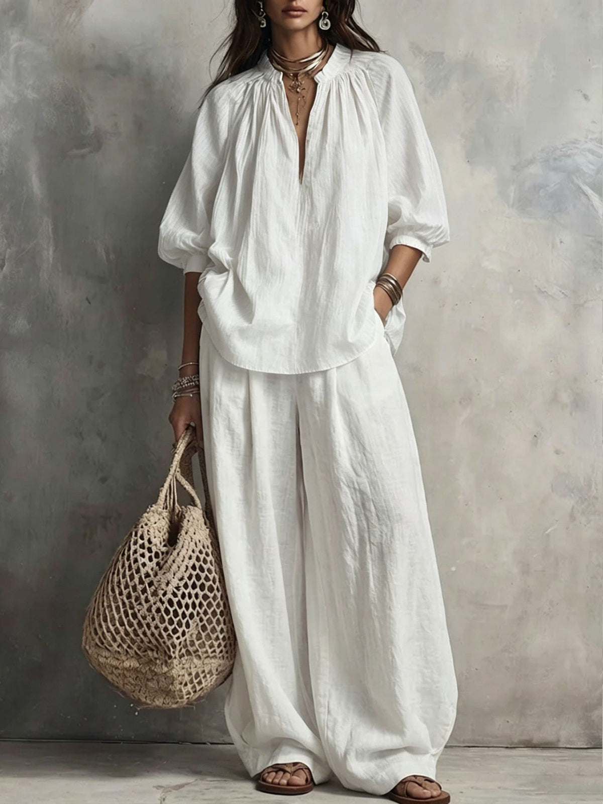 Cotton Linen Puff Sleeve Shirt and Wide Leg Pants Set