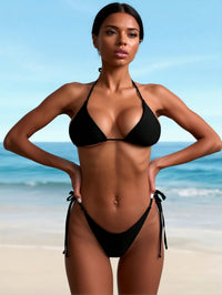 Solid Black Halter Triangle High Cut Bikini Set - image 3
