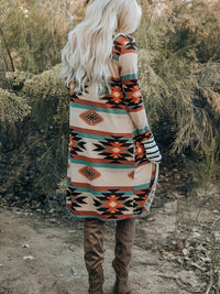 Women's Sweater - Multicolor Geometric Color Block Open Front Long Cardigan - image 7