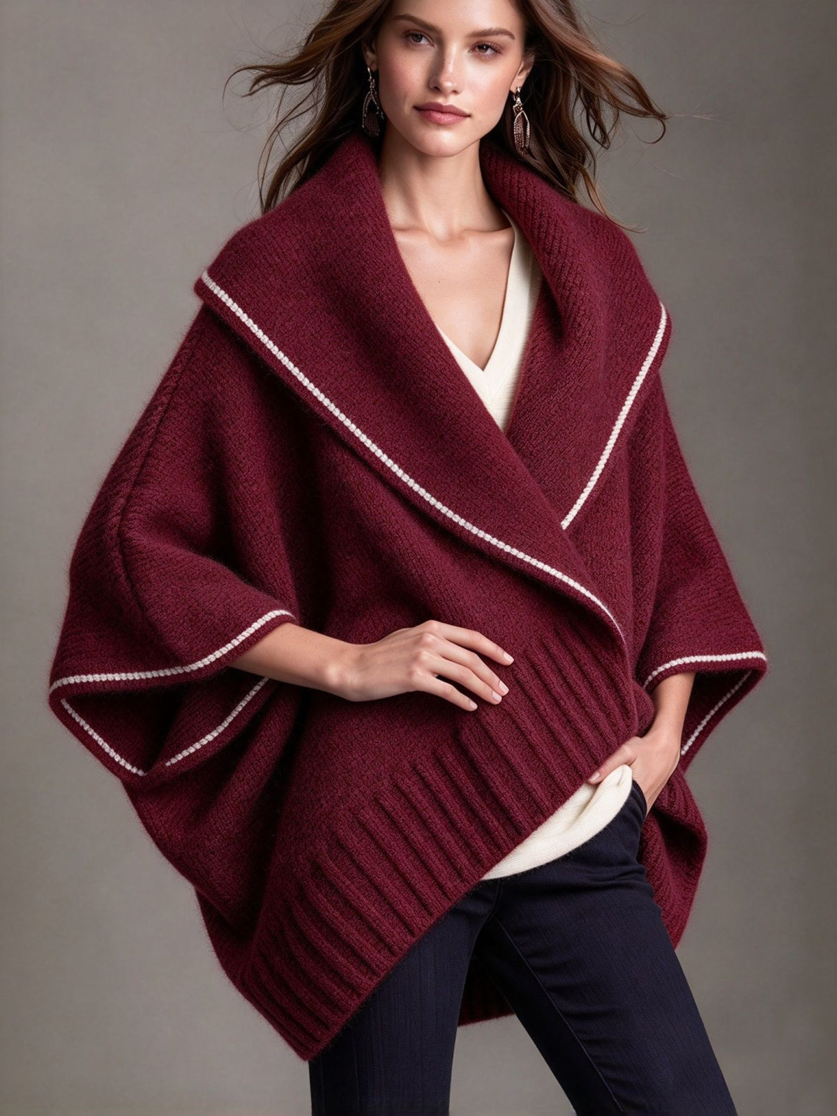 Knit Cape Shawl Coat with Contrast Trim - image 9