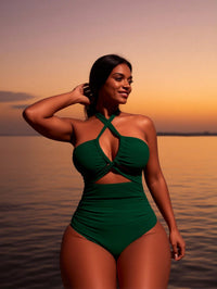 Traje de baño entero verde con halter cruzado y espalda abierta - image 5