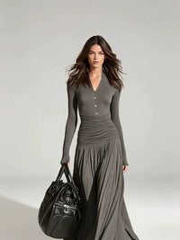 V-Neck Double-Breasted Long Sleeve Dress - image 2