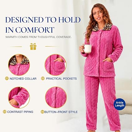 RONGTAI Leopard Button Down Pajama Set  Long Sleeve Plush Fleece PJs - image 10