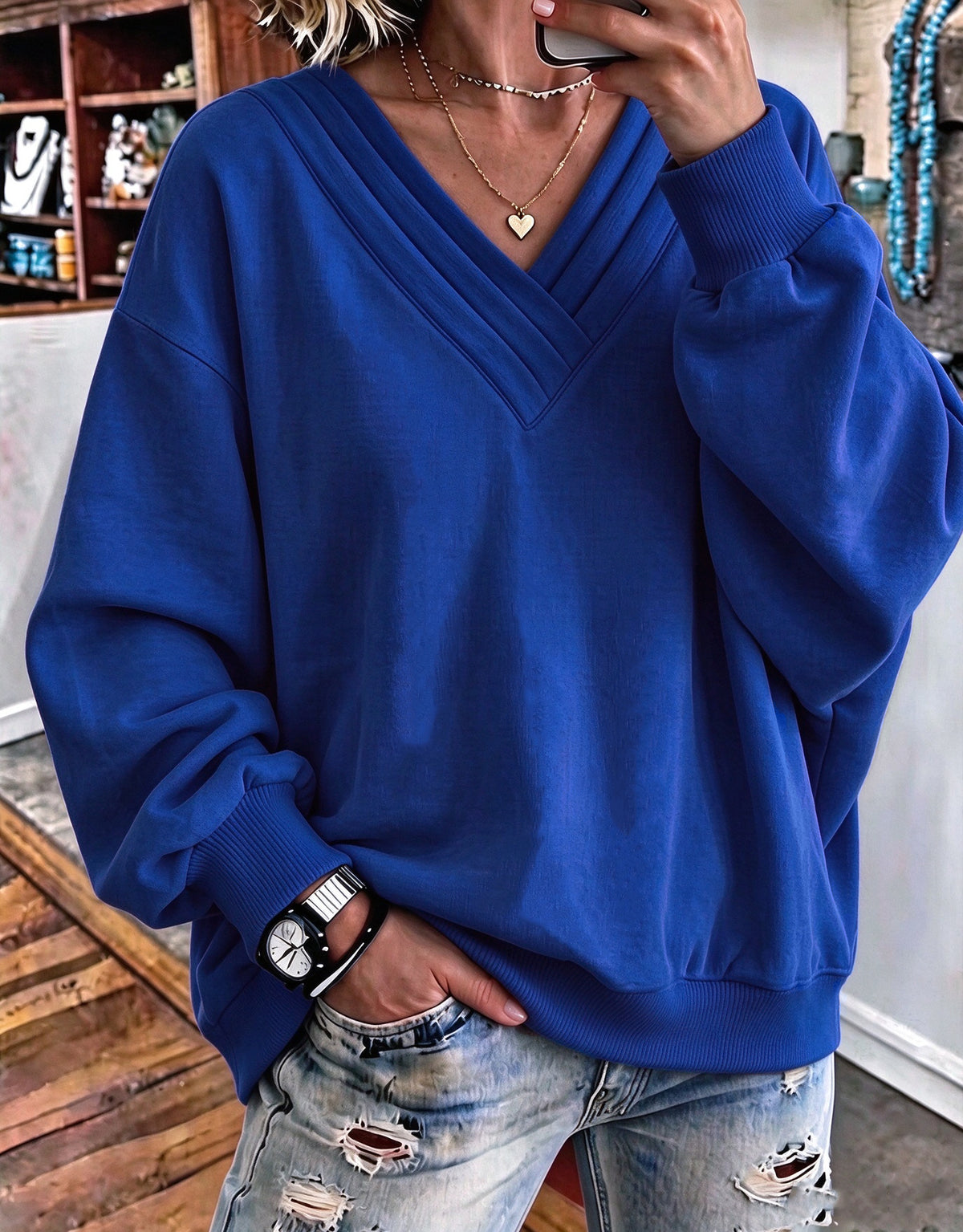Women's Loose V-Neck Brushed Hoodie - image 9