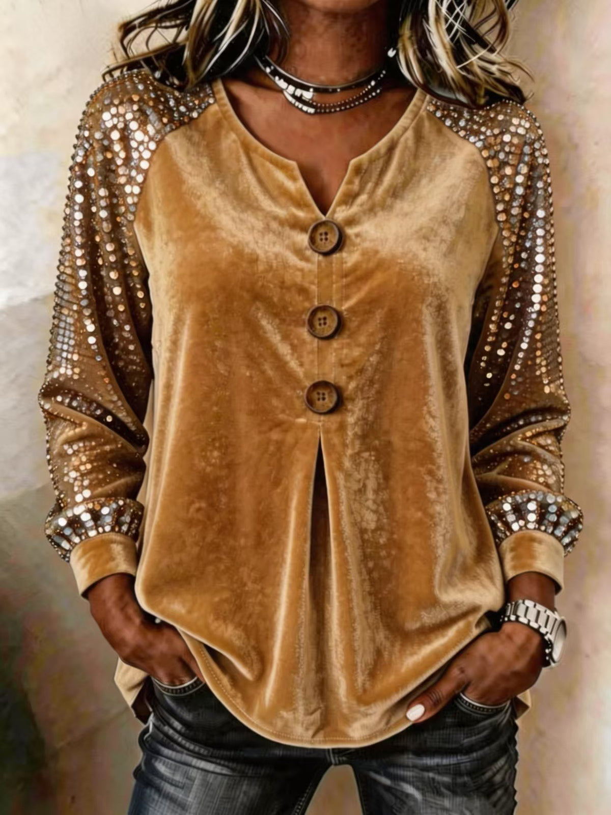 Button And Sequin Long-sleeve Womens Casual Top - image 10