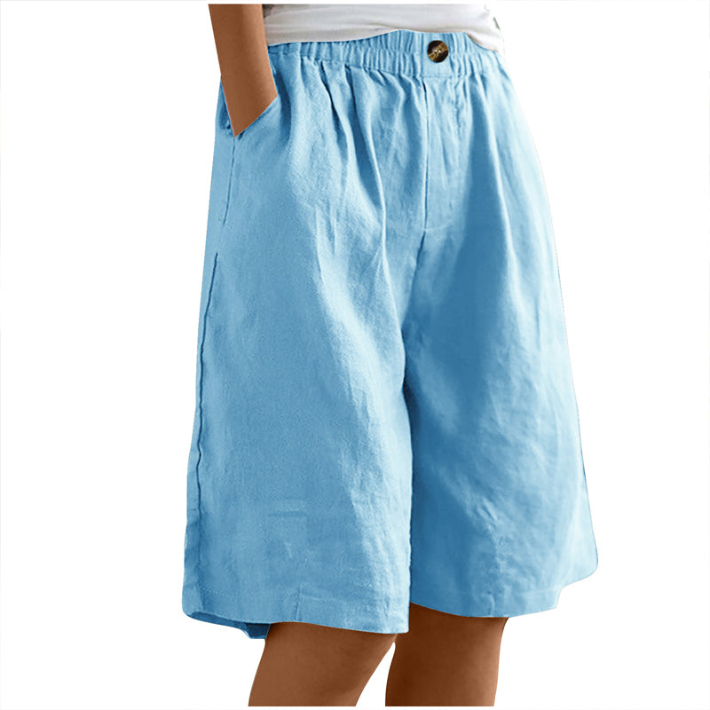 Women's Casual High Waist Loose Fit Solid Color Shorts - Button & Elastic Waist With Pockets - image 10