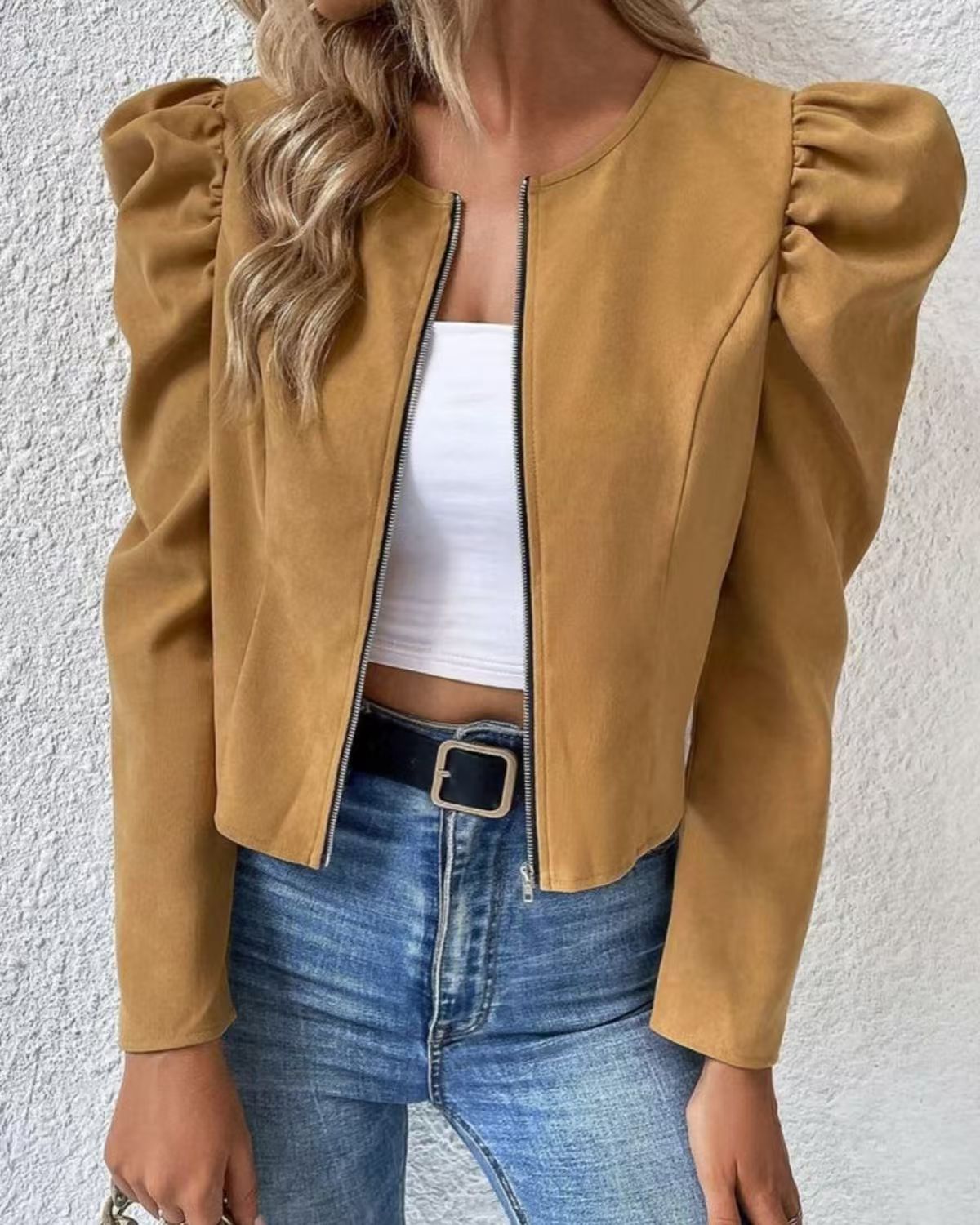 Puff Sleeve Zip-Up Round Neck Cardigan - image 10
