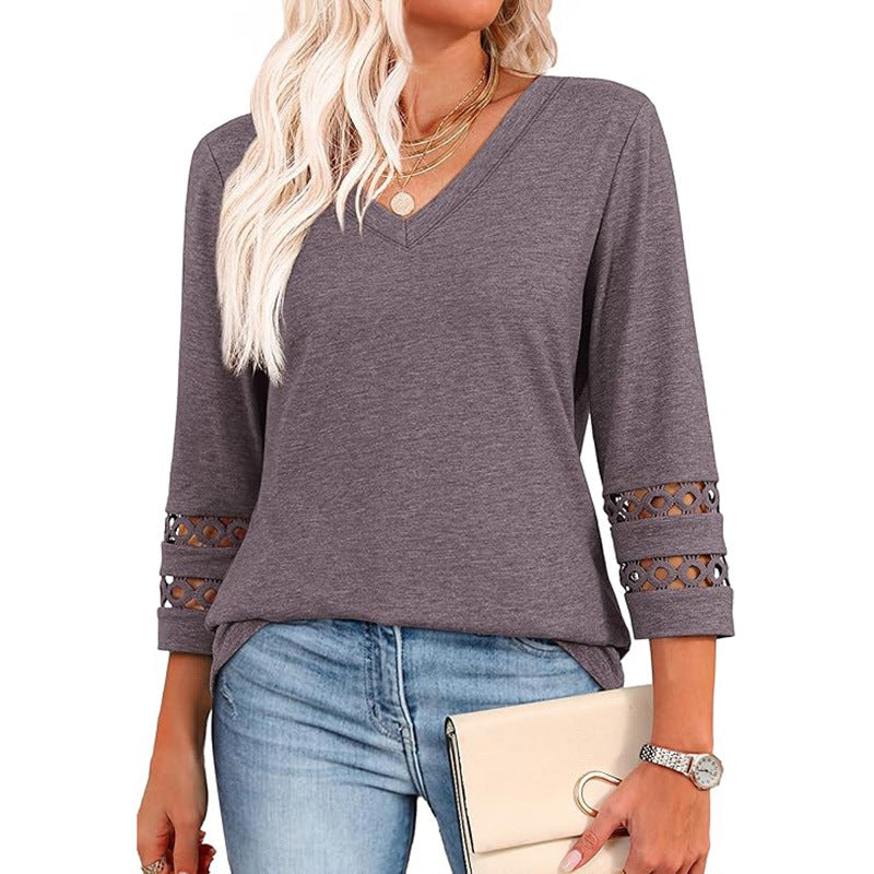 Women's V-Neck 3/4 Sleeve Top with Lace Trim - image 9