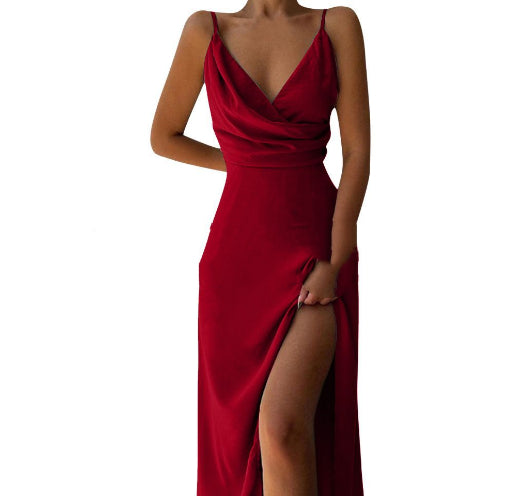 Women's Draped V-Neck Spaghetti Strap Slit Maxi Dress, Fitted Cami Dress