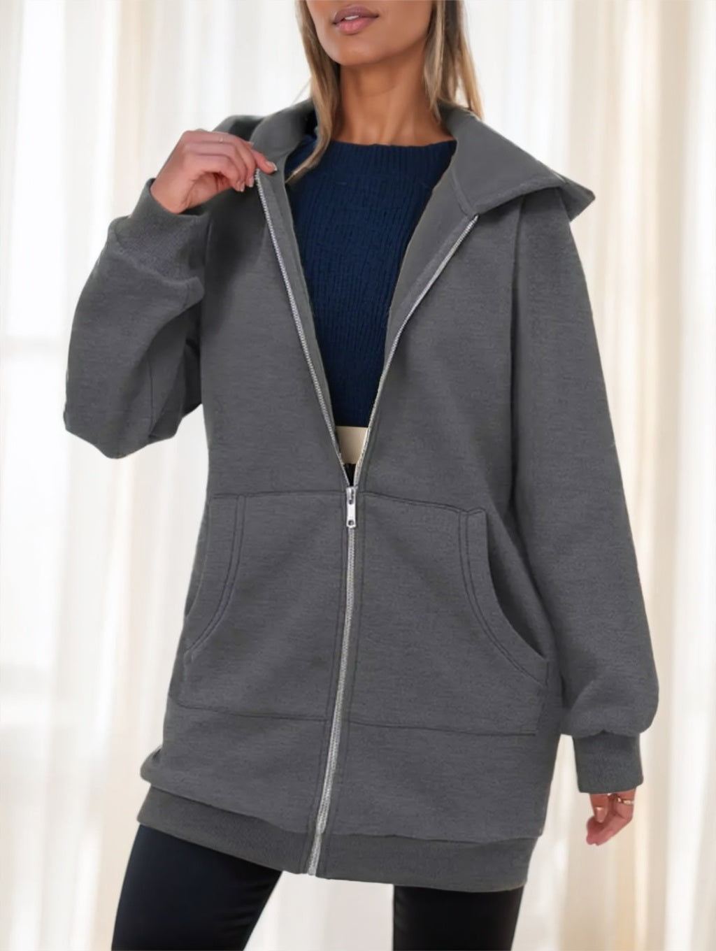 Women's Casual Long Hoodie With Zipper - image 3