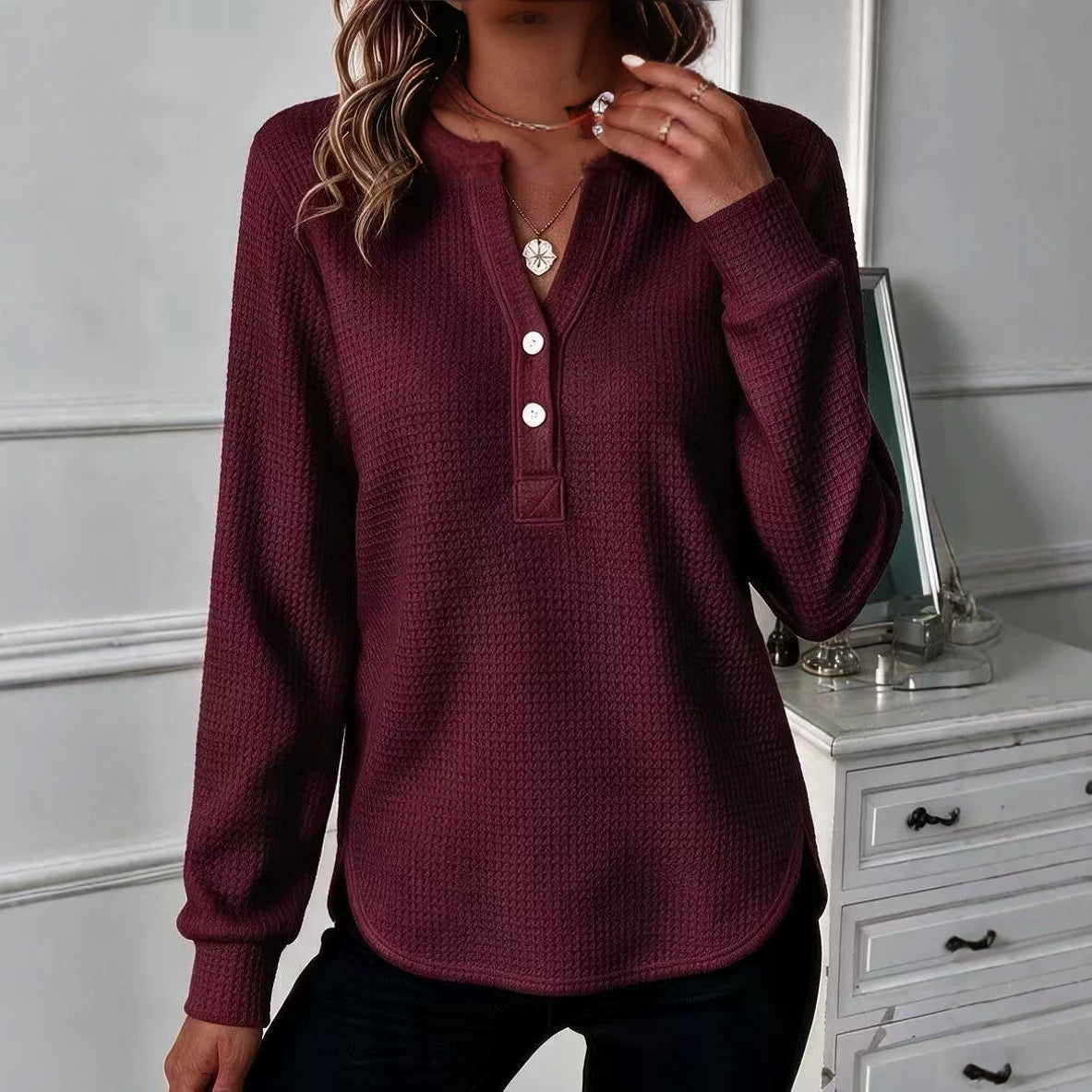 Womens V-neck, Buttoned Long-sleeve Top With A Double-curved Hem - image 8