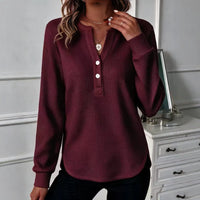 Womens V-neck, Buttoned Long-sleeve Top With A Double-curved Hem - image 8