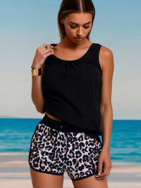 Unique Color Block Tankini Set, Black Textured Top & Leopard Shorts, Streetwear Tummy-Hiding Swimwear - image 1