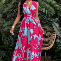 Women's Floral Print Deep V-Neck Sleeveless Wrap Maxi Dress with Cinched Waist - image 1