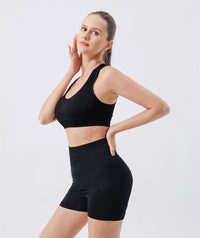 Women's 2 Piece Seamless Ribbed Workout Set, Racerback Sports Bra and High Waist Biker Shorts - image 2
