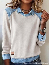 Denim Collar Long Sleeve Pullover Patchwork Knitwear Top - image 9