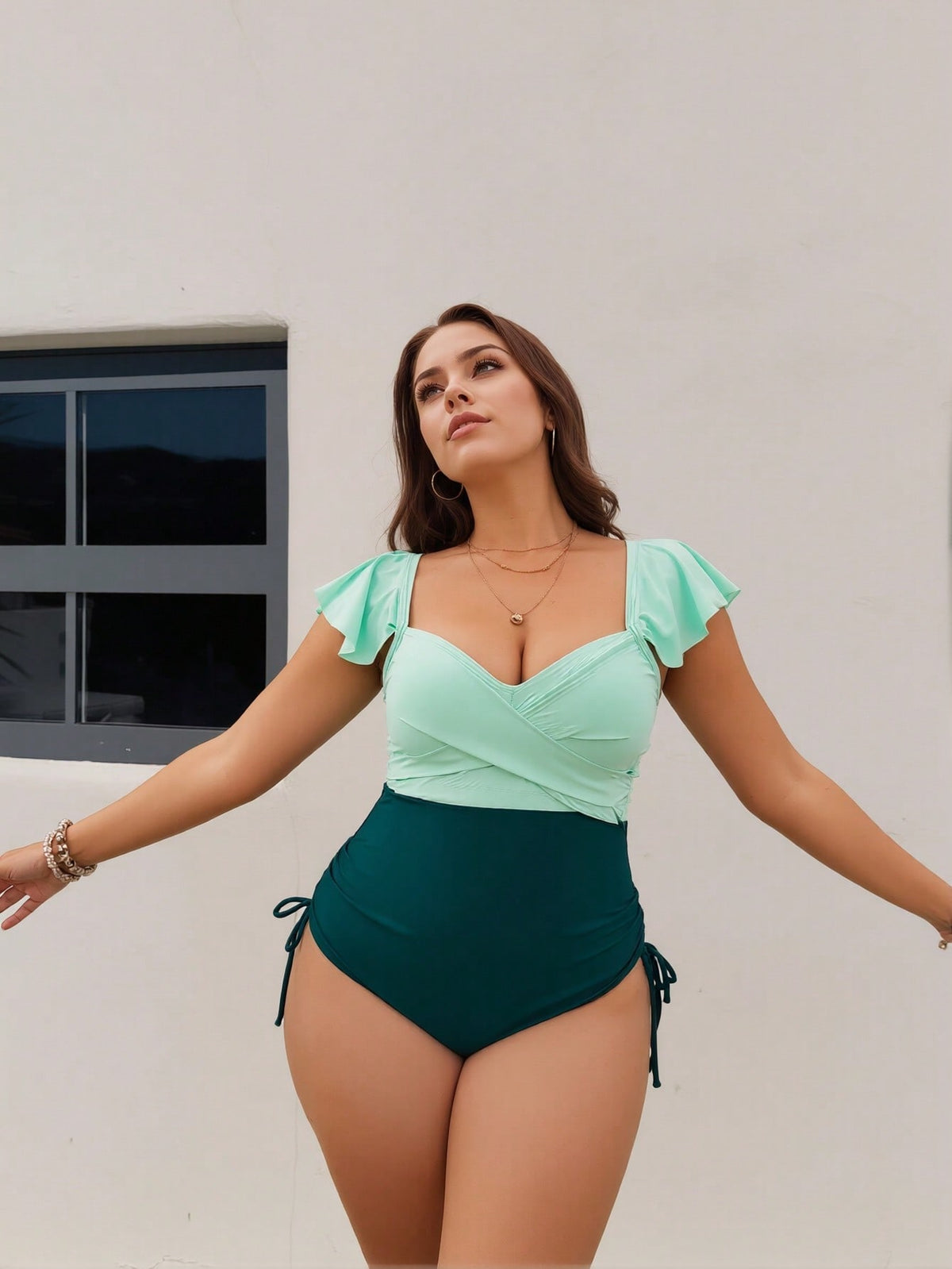 Plus Size Mint Ruffle Sleeve Color Block One-Piece Swimsuit - image 4
