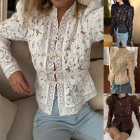 Lace Crochet Stand Collar Slim Fit Shirt - image 1