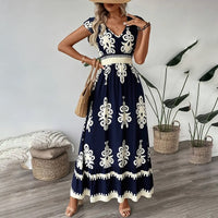 Women's Summer Flowy Maxi Dress Casual Cap Sleeve V Neck Smocked Waist Beach Sundress - image 8