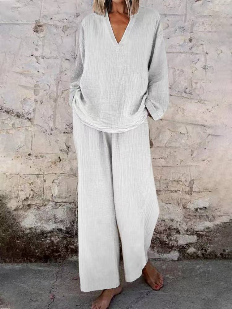 Women's Solid Color Casual V-neck Pullover Long Sleeve Trousers Suit - image 5
