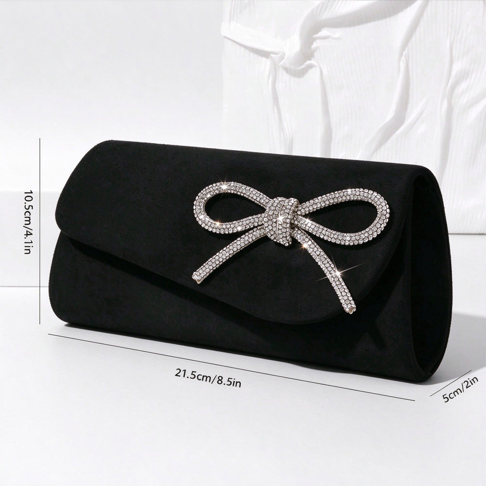 Women's Black Velvet Rhinestone Bow Evening Clutch, Envelope Party Purse with Chain Strap