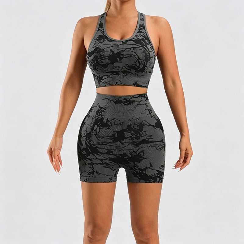 Women's 2 Piece Tie Dye Seamless Workout Set, Sports Bra and High Waist Yoga Shorts - image 8