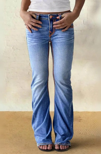 Western Jeans Women Embroidered Pocket Straight Leg Blue Denim Pants Vintage - image 9