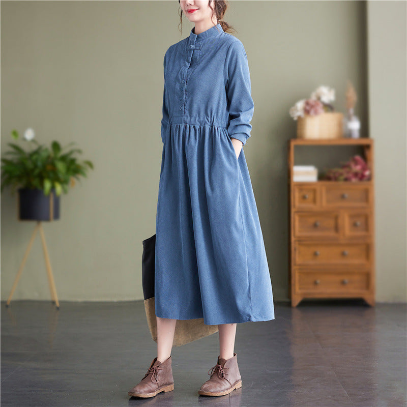 Stand Collar Button Corduroy Dress - image 8
