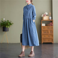 Stand Collar Button Corduroy Dress - image 8