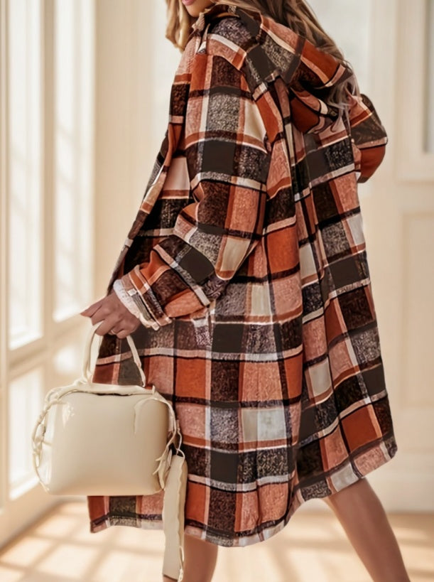 Women's Plaid Hooded Coat With Pocket Detail - image 6