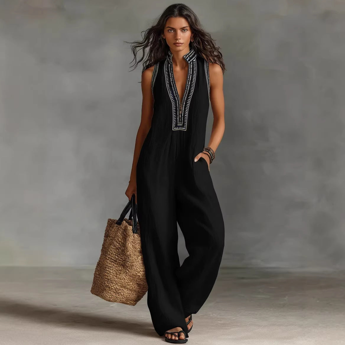 Women's Simple Linen-blend Sleeveless Jumpsuit - image 4