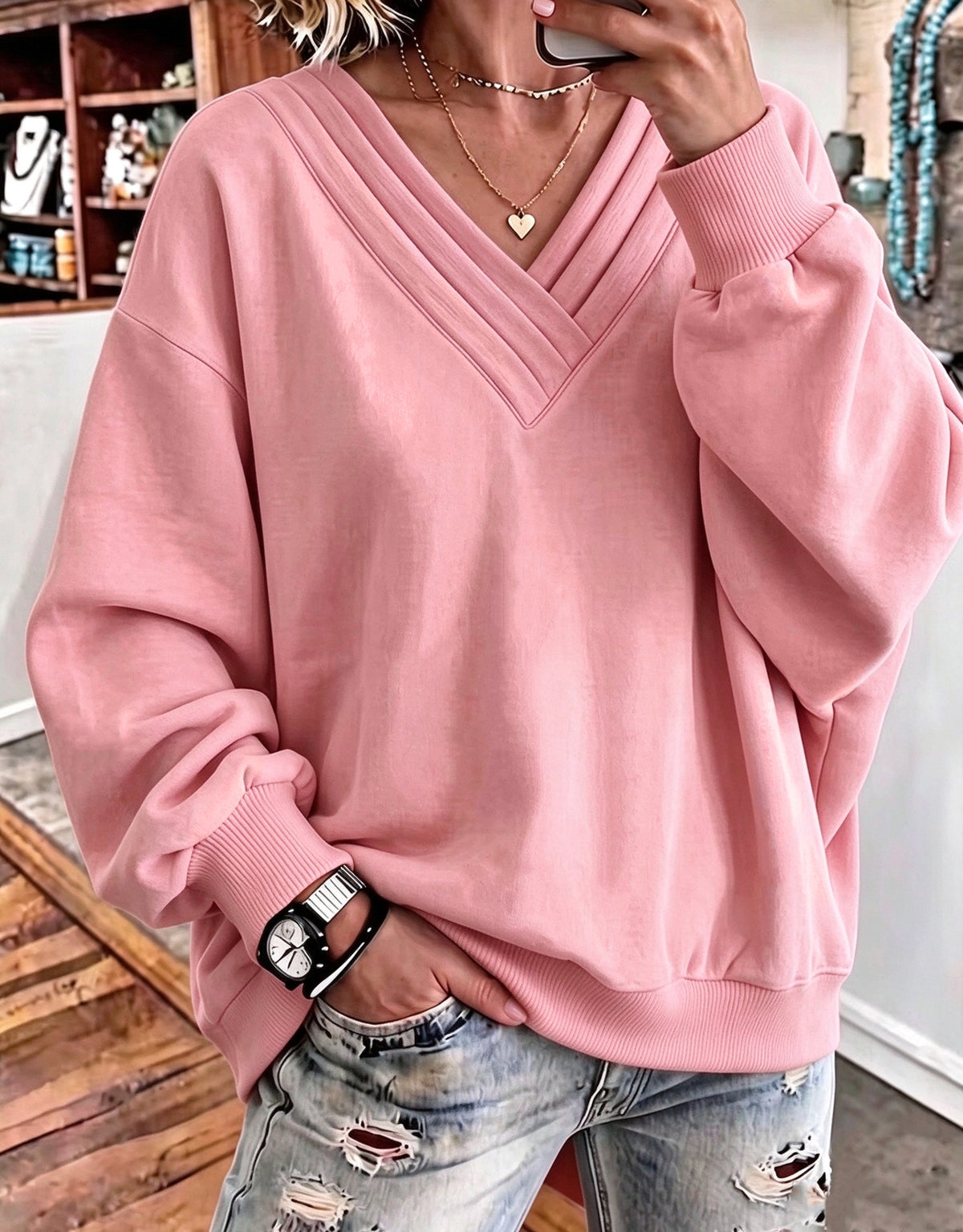 Women's Loose V-Neck Brushed Hoodie - image 11