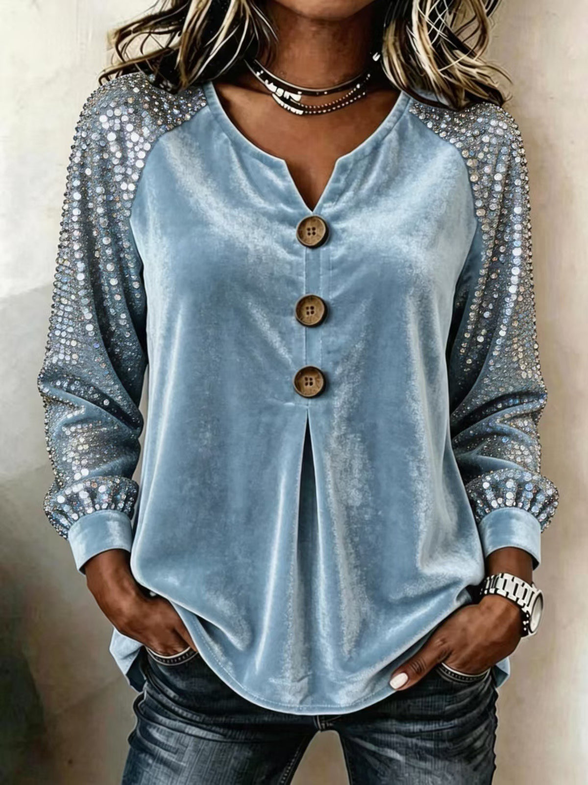 Button And Sequin Long-sleeve Womens Casual Top - image 8